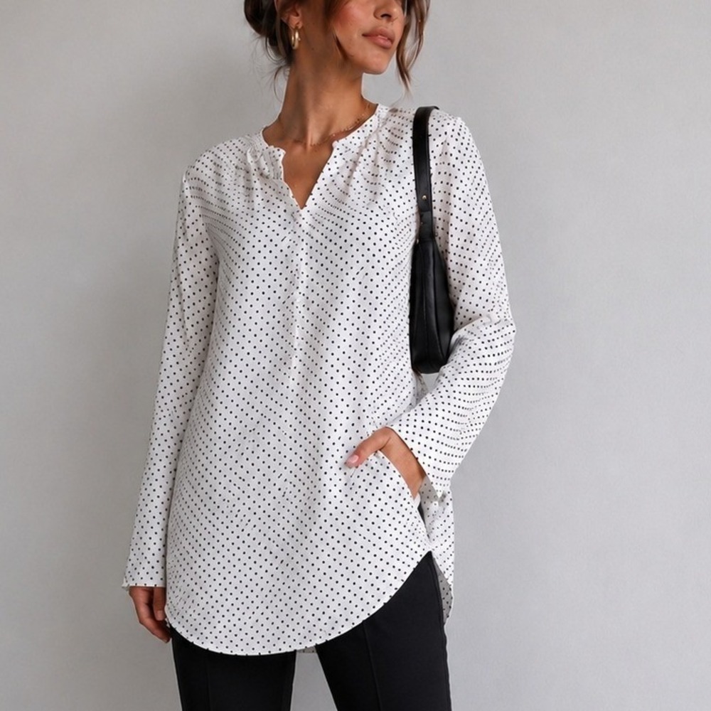 L.K. Bennett 8 Arlo Blouse Polka Dot Cream Black Lace Trim Tunic Top Career Work
